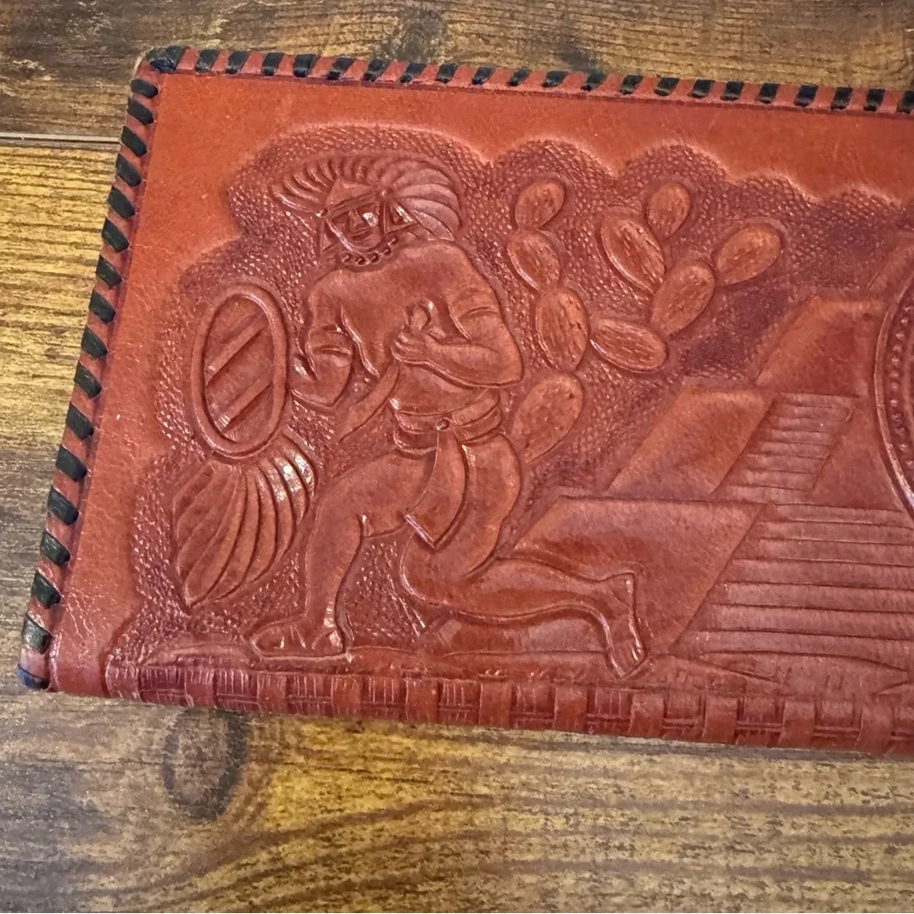 Hand‎ Tooled Brown Leather Aztec Calendar Long Wallet